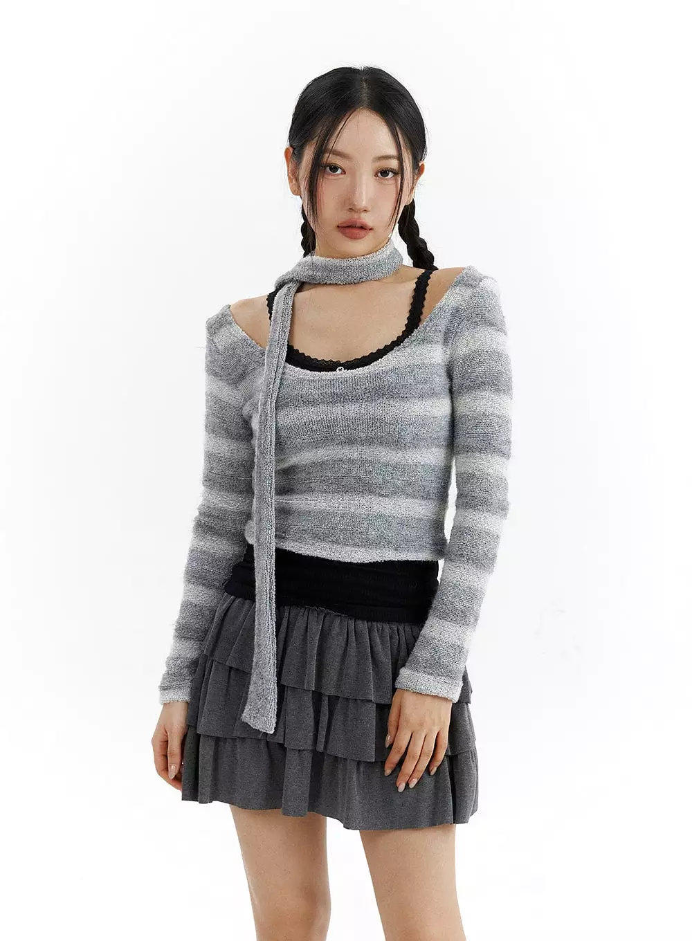 Striped U-Neck Crop Top with Scarf CJ424