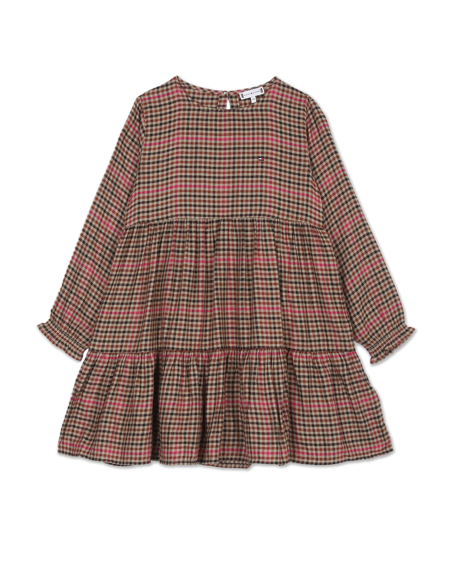 Tommy Hilfiger Kids Girls Beige And Magenta Shepard Check Flared Dress