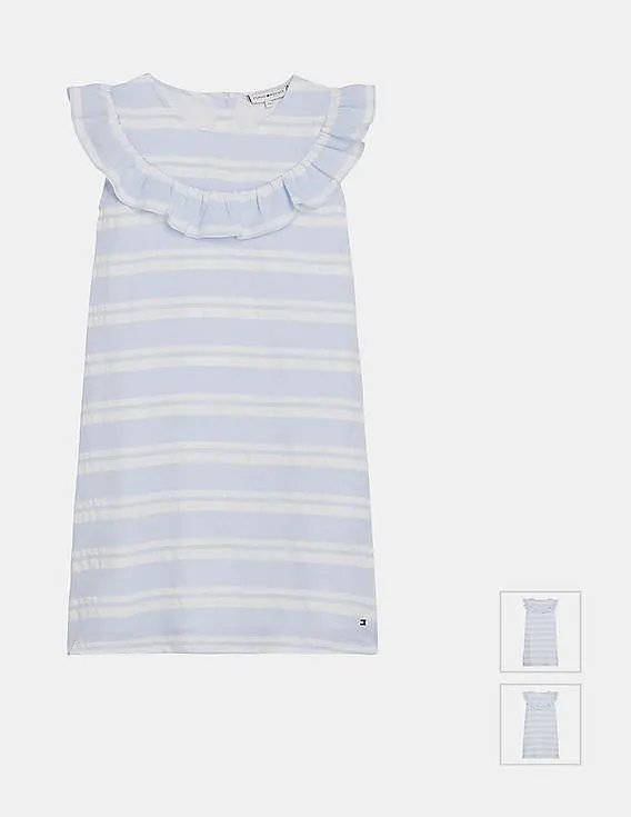 Tommy Hilfiger Kids Girls Light Blue And White Ruffle Accent Seersucker Dress