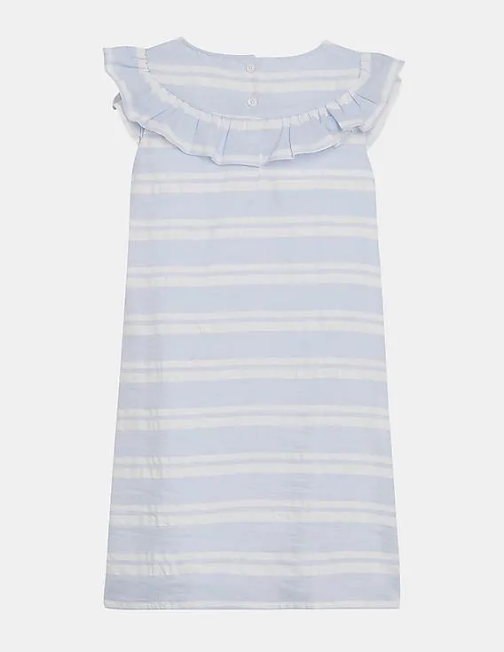 Tommy Hilfiger Kids Girls Light Blue And White Ruffle Accent Seersucker Dress