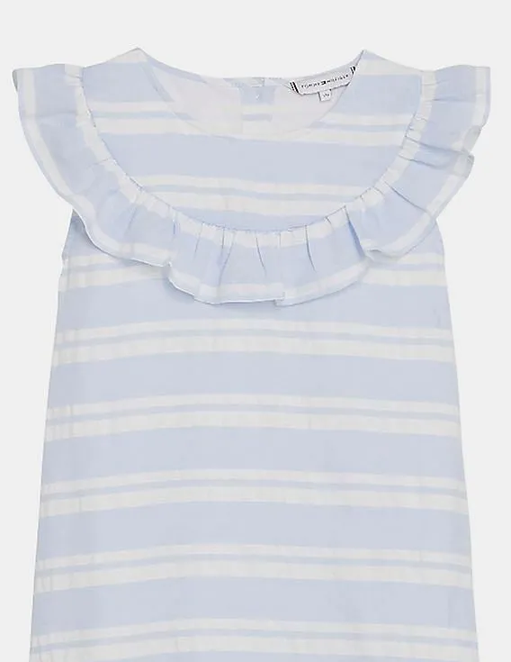 Tommy Hilfiger Kids Girls Light Blue And White Ruffle Accent Seersucker Dress