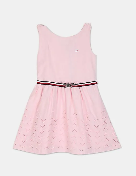 Tommy Hilfiger Kids Girls Light Pink Embroidered Branding Cutwork Dress