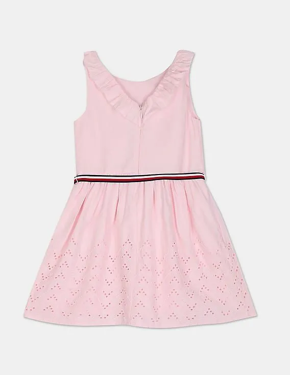 Tommy Hilfiger Kids Girls Light Pink Embroidered Branding Cutwork Dress