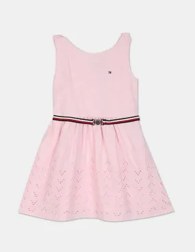 Tommy Hilfiger Kids Girls Light Pink Embroidered Branding Cutwork Dress