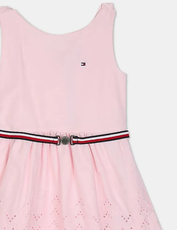 Tommy Hilfiger Kids Girls Light Pink Embroidered Branding Cutwork Dress