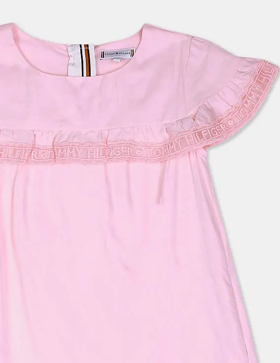 Tommy Hilfiger Kids Girls Pink Short Sleeve Solid Flared Ruffle Dress