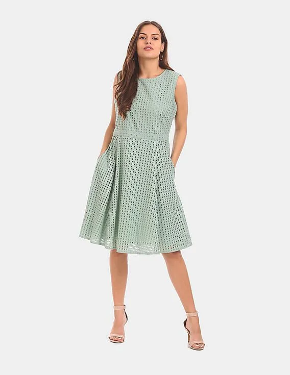 Tommy Hilfiger Women Green Eyelet Fit And Flare Dress