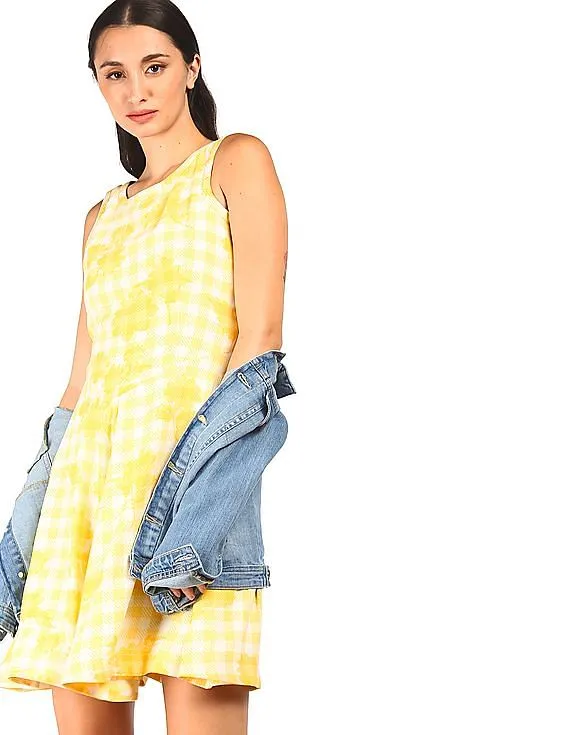 Tommy Hilfiger Women Yellow Round Neck Check Fit And Flare Dress