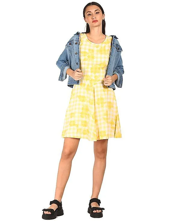 Tommy Hilfiger Women Yellow Round Neck Check Fit And Flare Dress