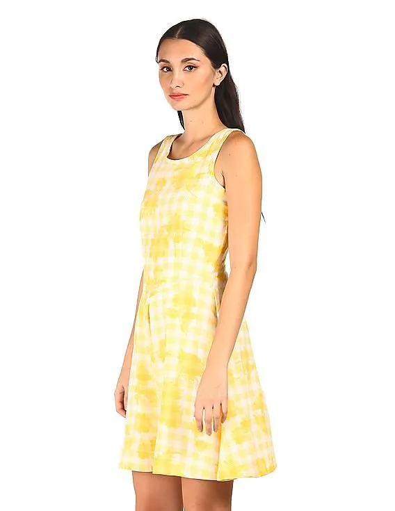 Tommy Hilfiger Women Yellow Round Neck Check Fit And Flare Dress