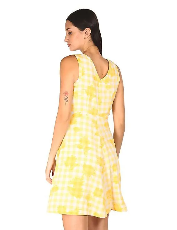 Tommy Hilfiger Women Yellow Round Neck Check Fit And Flare Dress