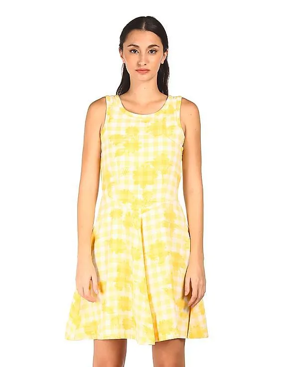 Tommy Hilfiger Women Yellow Round Neck Check Fit And Flare Dress