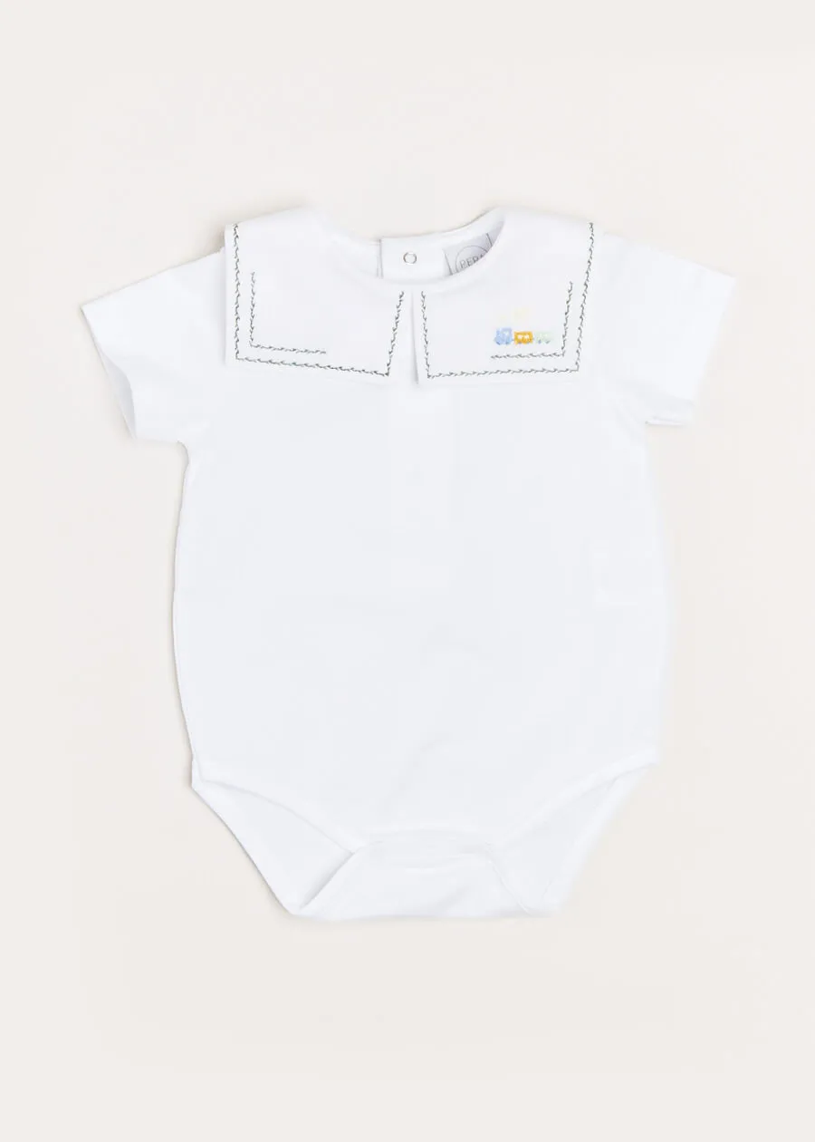 Train Embroidery Statement Collar Short Sleeve Bodysuit in Green (3mths-2yrs)