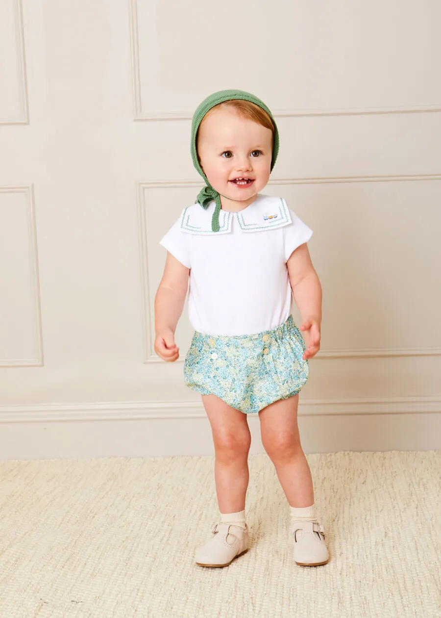 Train Embroidery Statement Collar Short Sleeve Bodysuit in Green (3mths-2yrs)