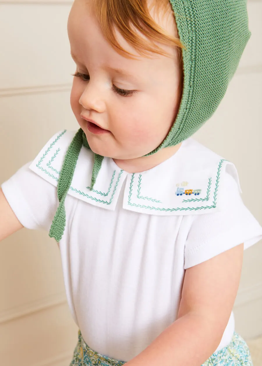 Train Embroidery Statement Collar Short Sleeve Bodysuit in Green (3mths-2yrs)