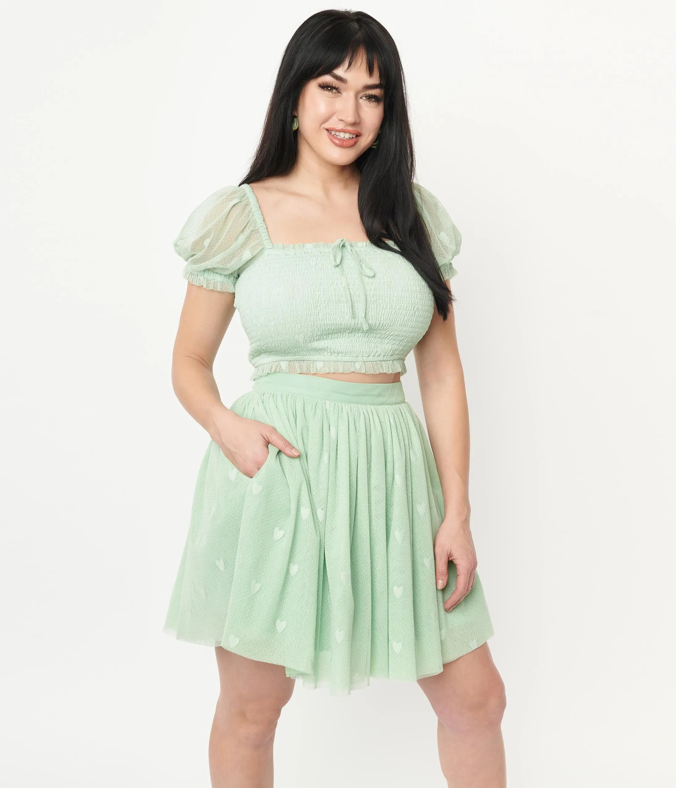 Unique Vintage Mint Hearts Sweetie Pie Flare Skirt