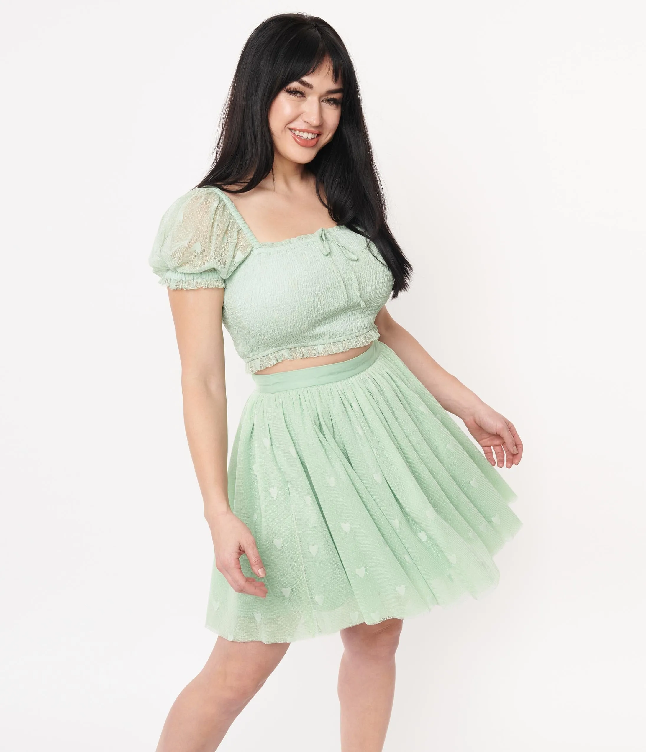 Unique Vintage Mint Hearts Sweetie Pie Flare Skirt