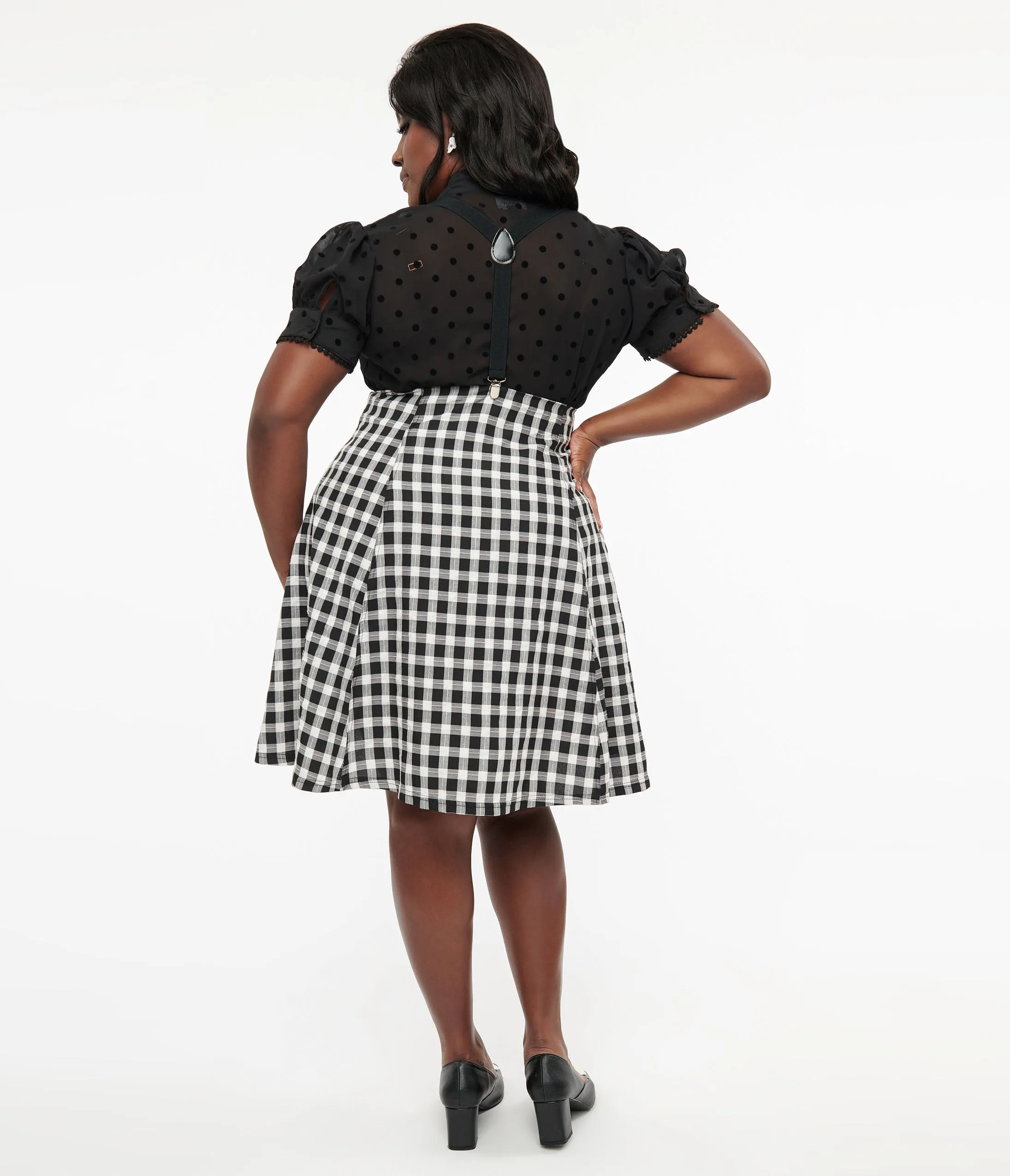 Unique Vintage Plus Size 1950s Black & White Gingham Suspender Flare Skirt