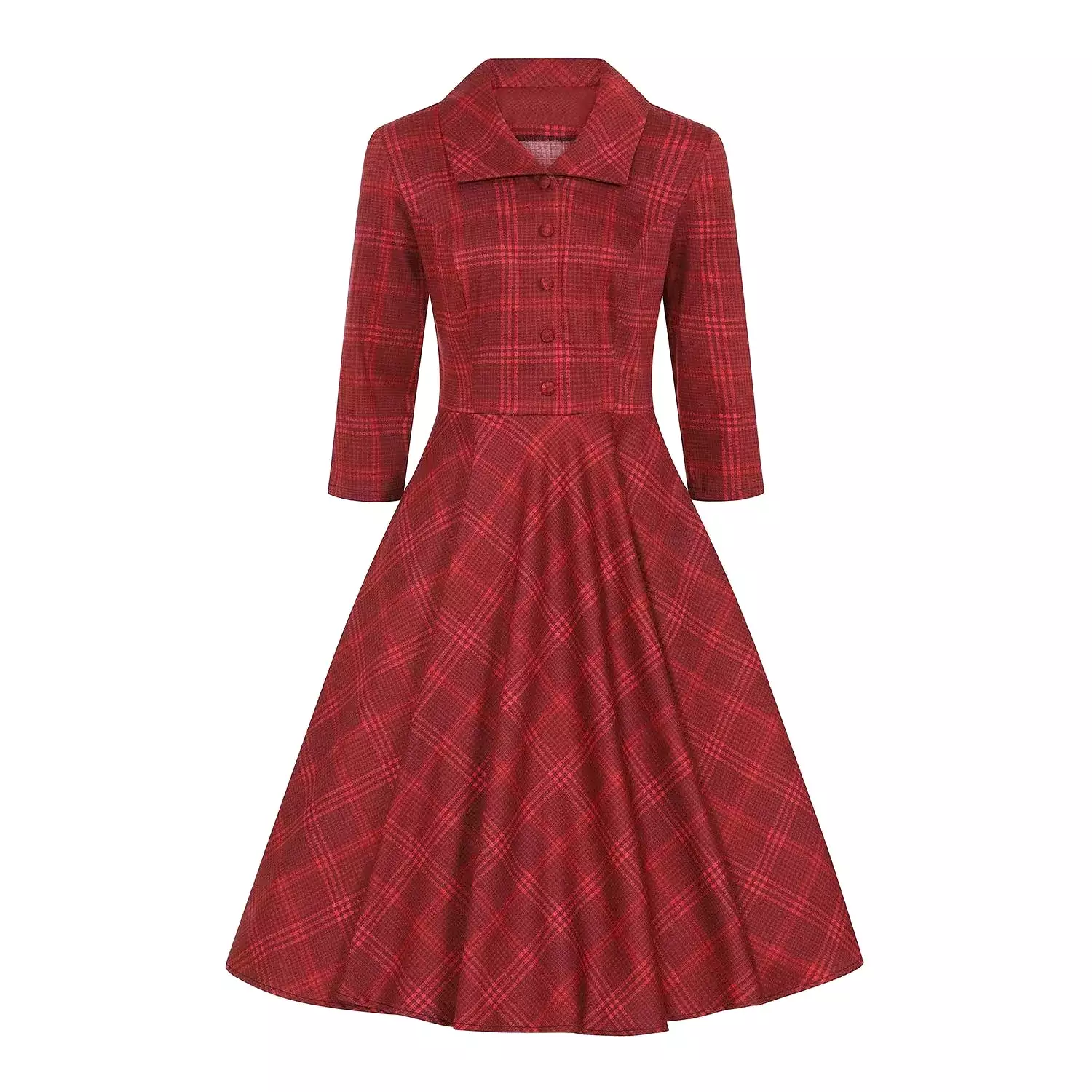 Vintage Red Check 3/4 Sleeve Collar Burns Swing Dress