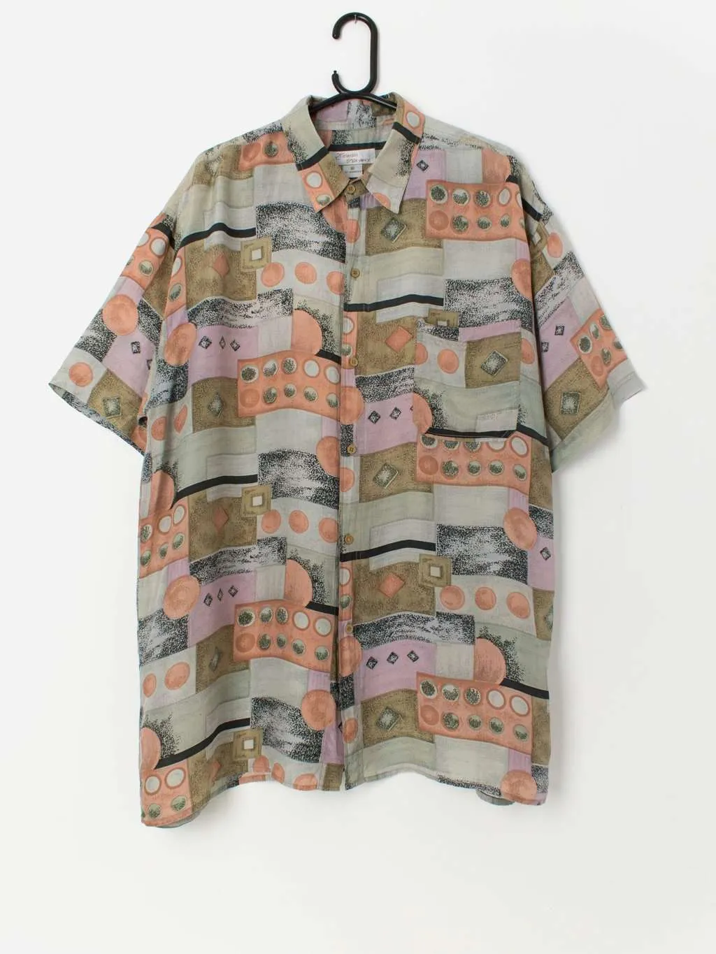 Vintage silk summer shirt in grey and peach – XL / 2XL