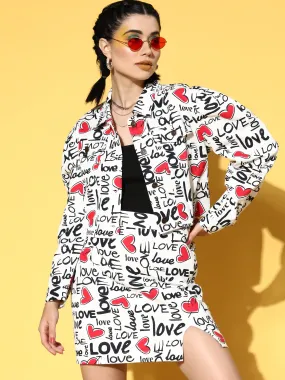 Women Red Love Heart Print Crop Jacket