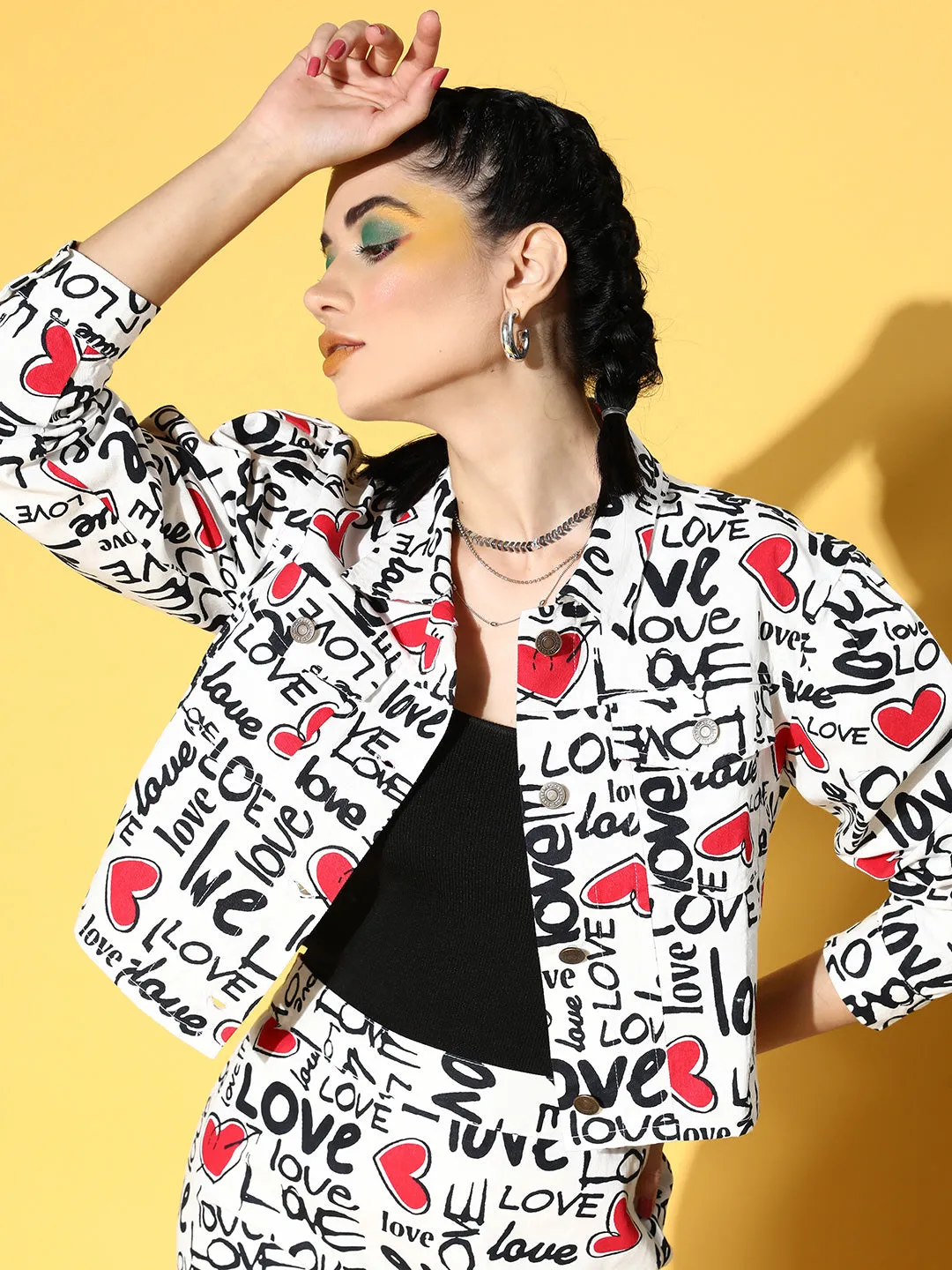 Women Red Love Heart Print Crop Jacket