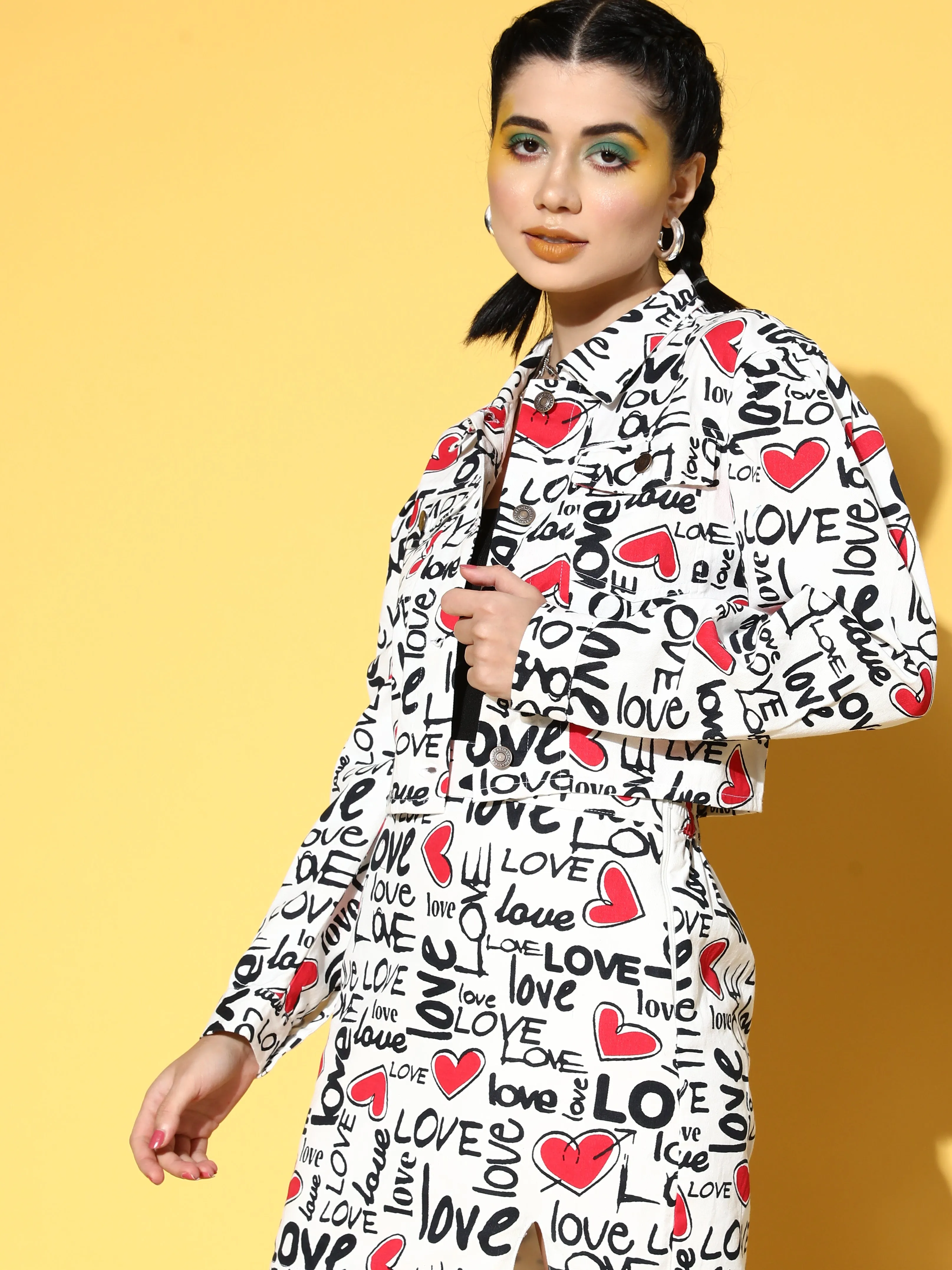 Women Red Love Heart Print Crop Jacket