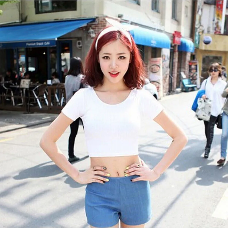 Women Stretch Cotton T-shirts U neck Sexy Crop Top Short Sleeve Tee short Basic top for lady girls SM6