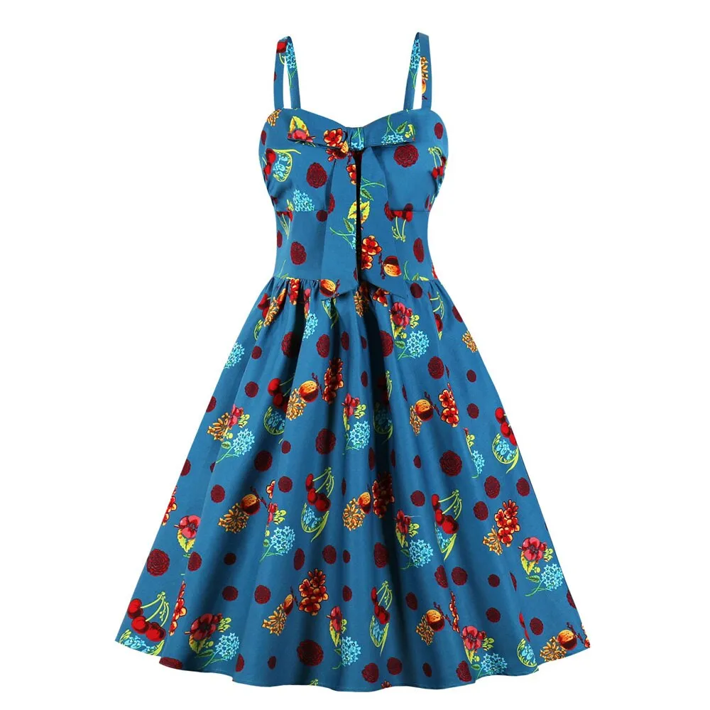 Women Summer Vintage Cotton Spaghetti Strap Bowknot Cherry Print Robe Pinup Swing Casual Dress Sundresses