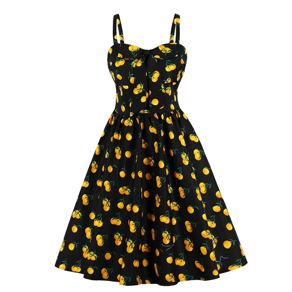 Women Summer Vintage Cotton Spaghetti Strap Bowknot Cherry Print Robe Pinup Swing Casual Dress Sundresses