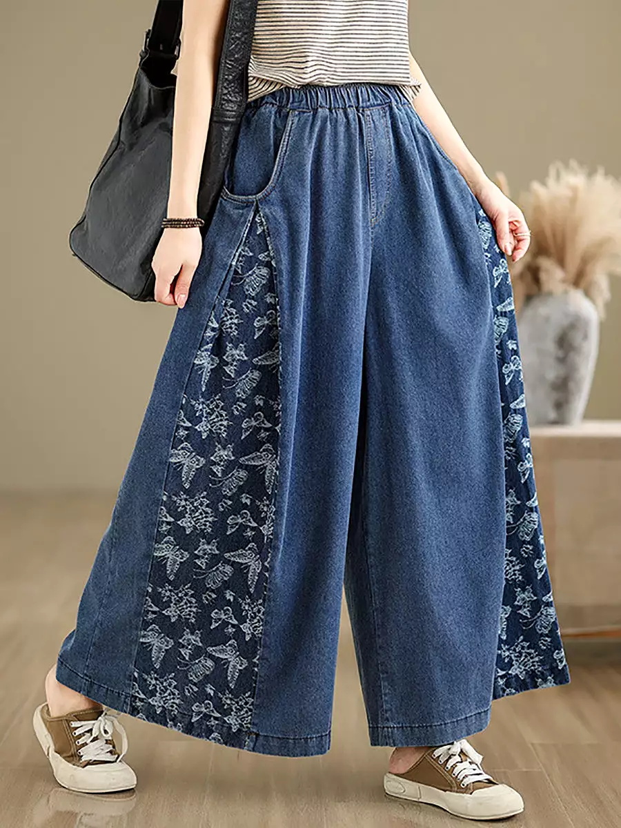 Women Vintage Summer Butterfly Spliced Wide-leg Denim Pants CO1030