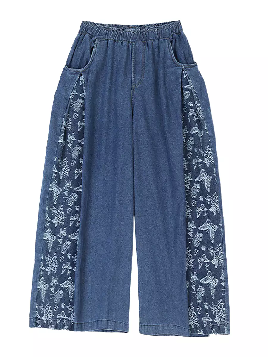 Women Vintage Summer Butterfly Spliced Wide-leg Denim Pants CO1030