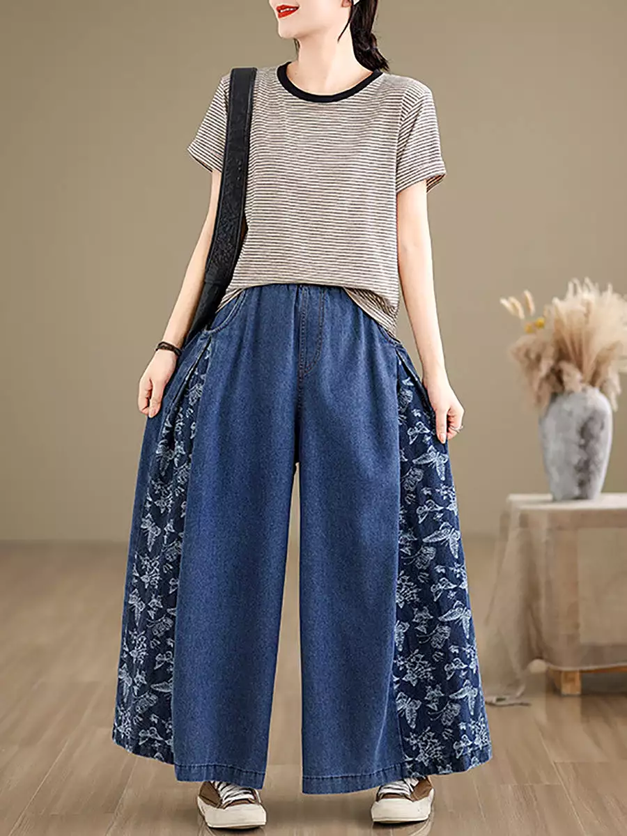 Women Vintage Summer Butterfly Spliced Wide-leg Denim Pants KL1037