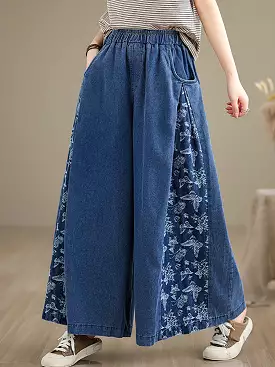 Women Vintage Summer Butterfly Spliced Wide-leg Denim Pants KL1037