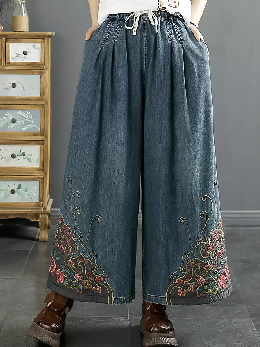 Women Vintage Summer Embroidery Wide-leg Denim Pants CO1050