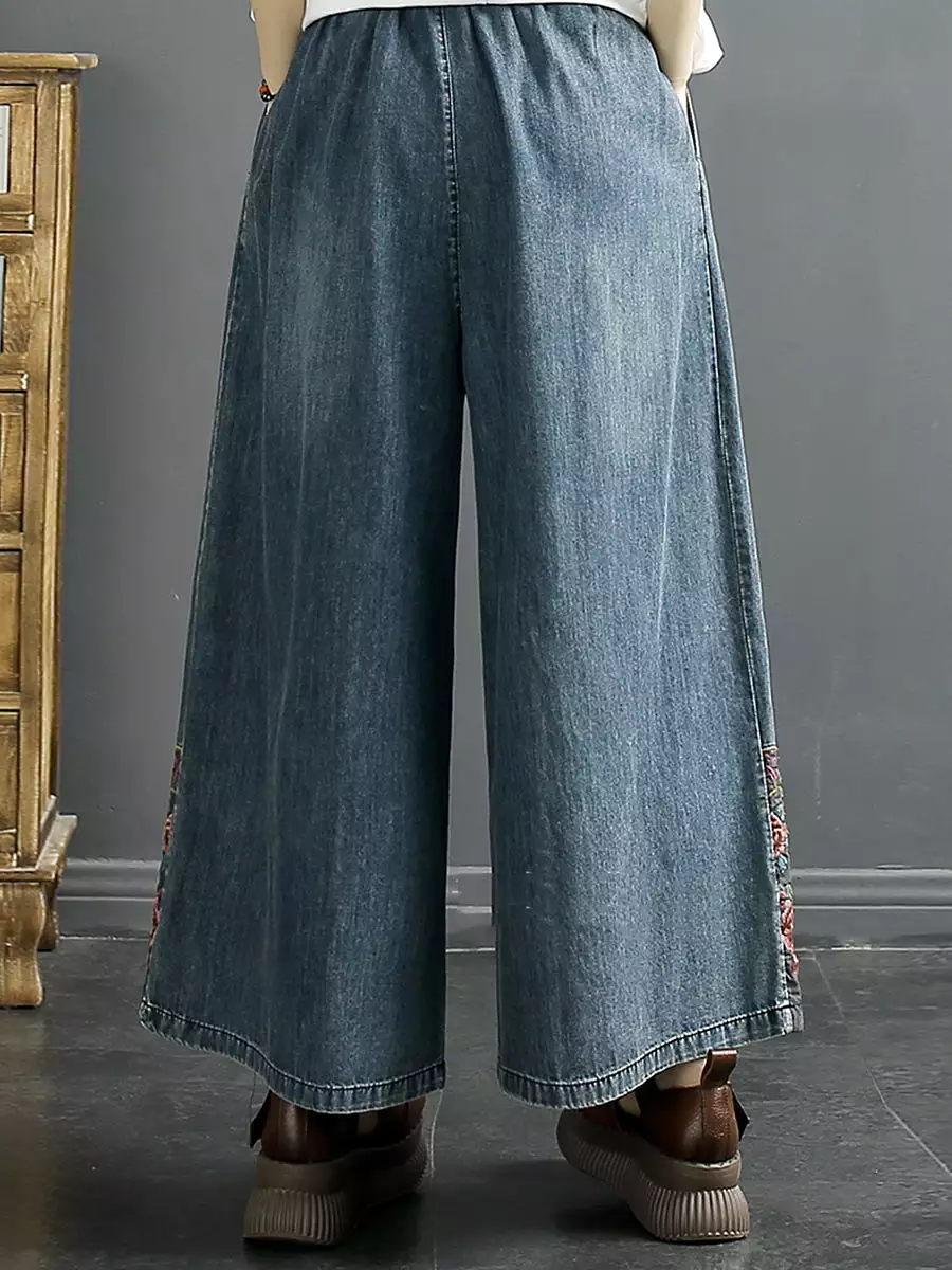 Women Vintage Summer Embroidery Wide-leg Denim Pants KL1007