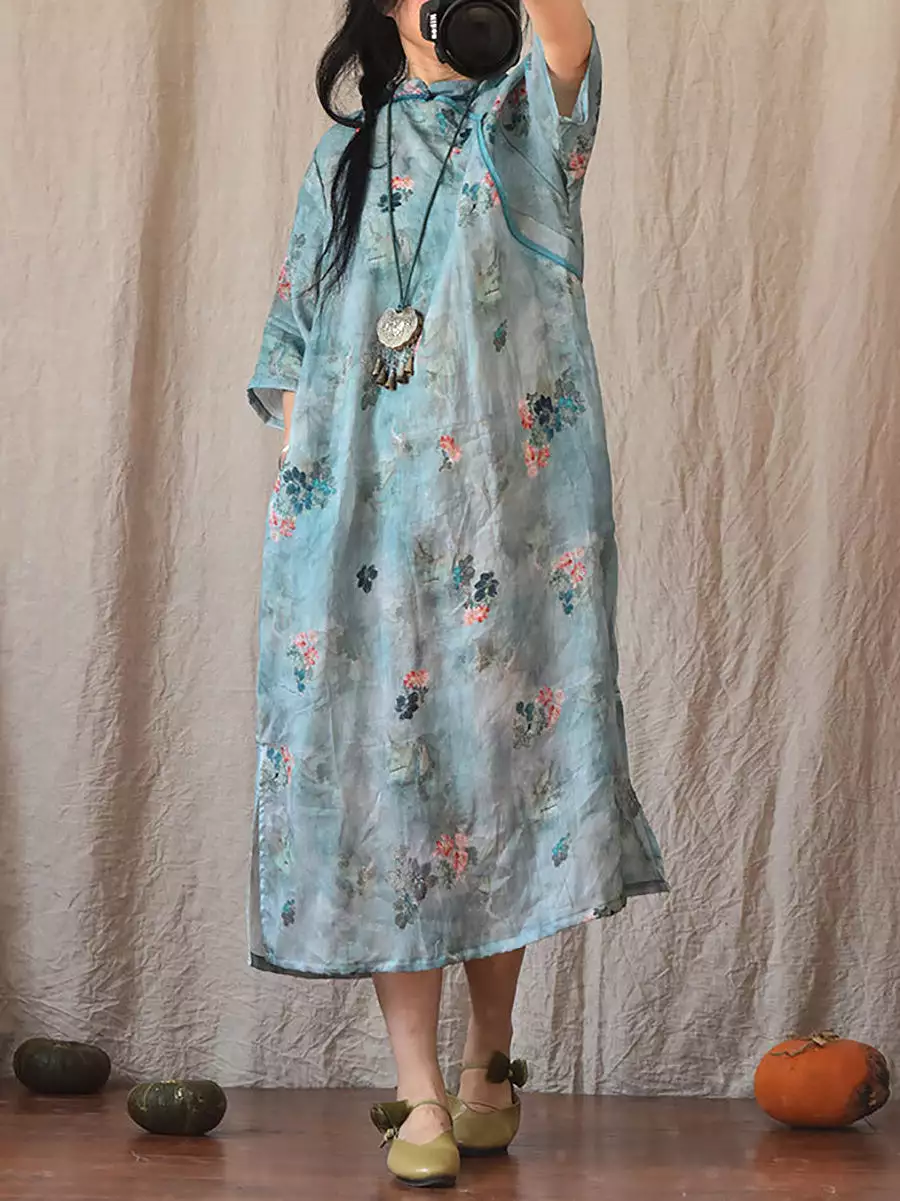 Women Vintage Summer Floral Ramie Robe Dress CO1022