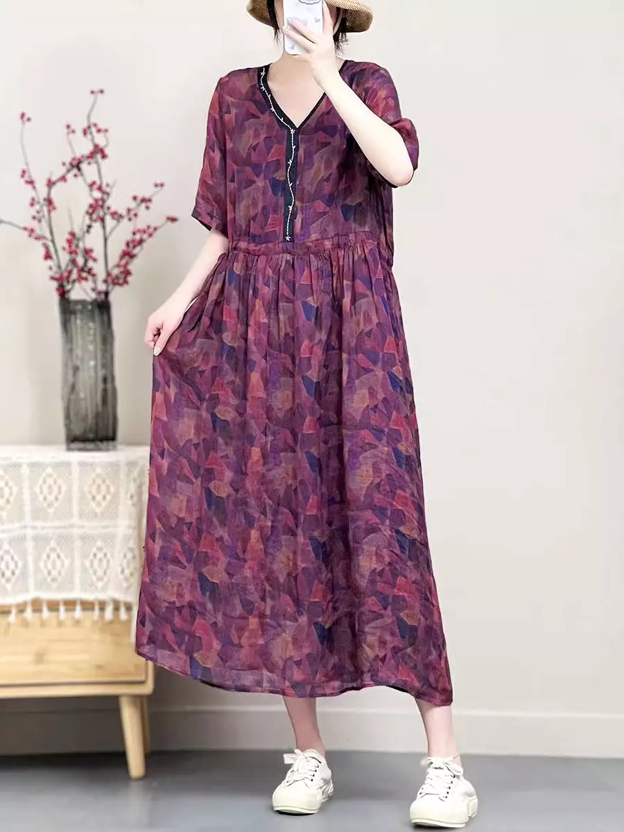 Women Vintage Summer Floral Ramie V-Neck Dress SC1001