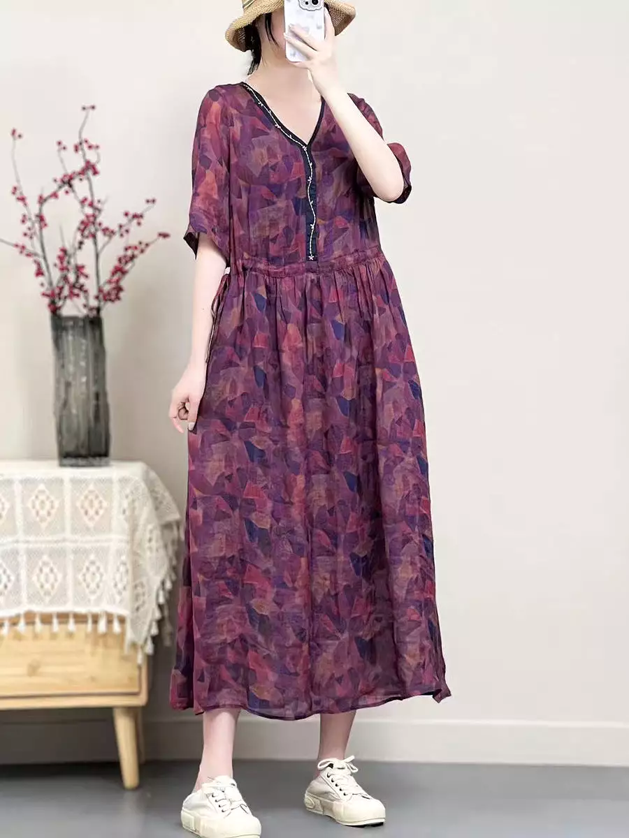 Women Vintage Summer Floral Ramie V-Neck Dress SC1001