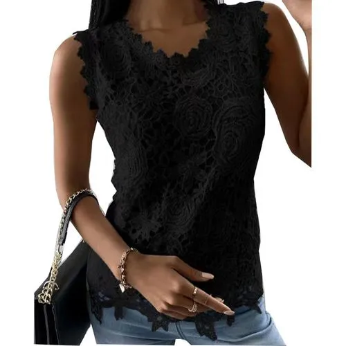 Women's Blouse Sleeveless T-shirts Patchwork Lace Casual Flower