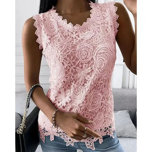 Women's Blouse Sleeveless T-shirts Patchwork Lace Casual Flower