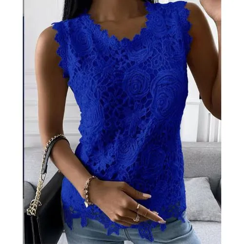 Women's Blouse Sleeveless T-shirts Patchwork Lace Casual Flower