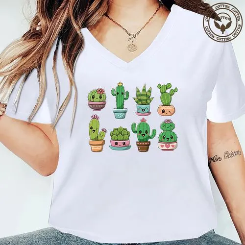 Women's T-shirt Short Sleeve T-Shirts Printing Simple Style Cactus Cartoon Letter