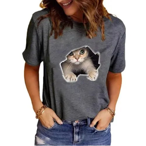 Women's T-shirt Short Sleeve T-Shirts Printing Streetwear Cat