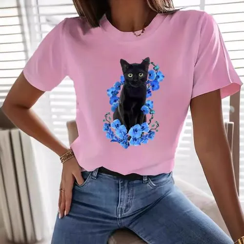 Women's T-shirt Short Sleeve T-Shirts Simple Style Cat Flower