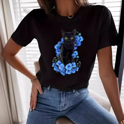 Women's T-shirt Short Sleeve T-Shirts Simple Style Cat Flower