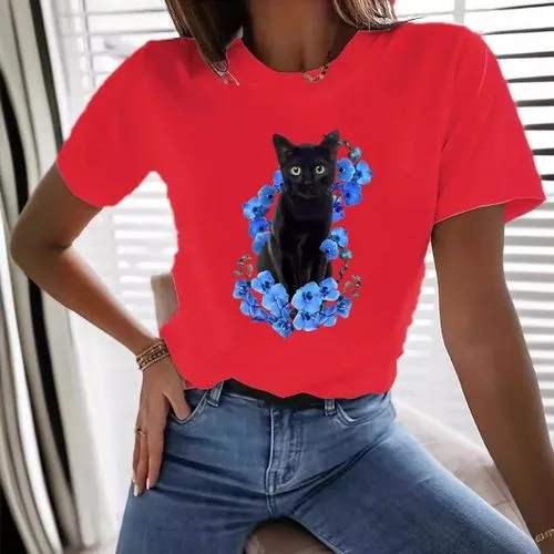 Women's T-shirt Short Sleeve T-Shirts Simple Style Cat Flower