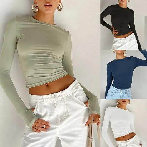 Women's Wrap Crop Top Long Sleeve T-Shirts Patchwork Streetwear Solid Color