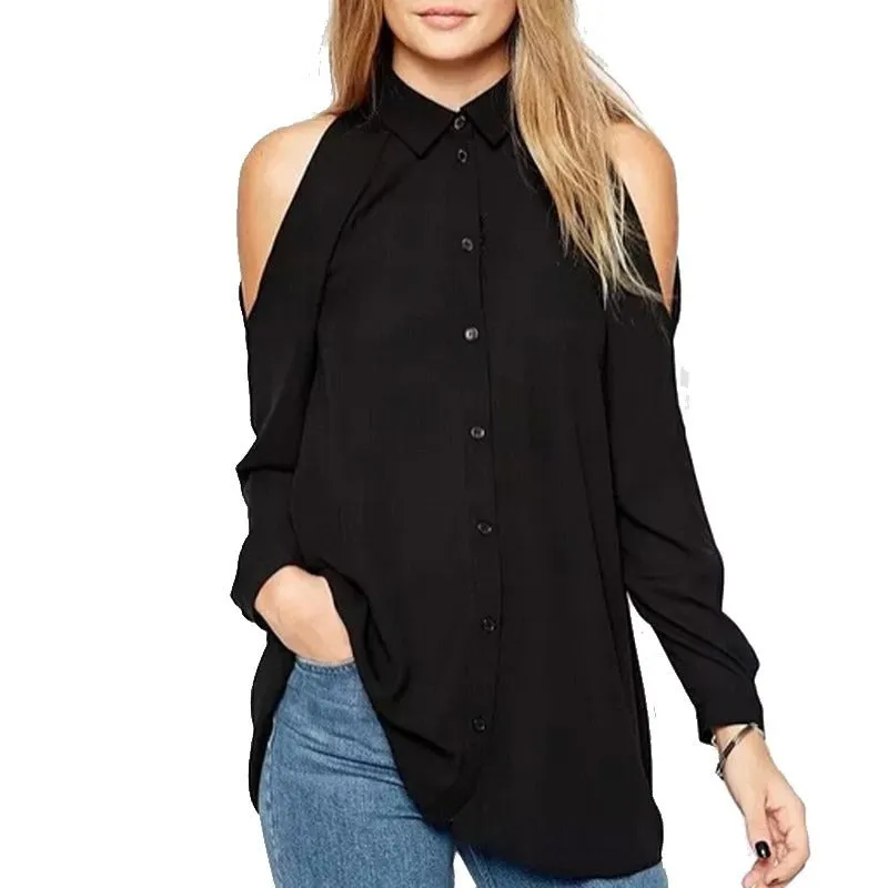 Women's Full Sleeve Off Shoulder Long Shirt with Collar and Button