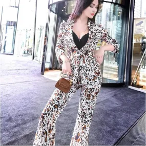 Women's Leopard V-Neck Single Button High Waist Two Piece Set